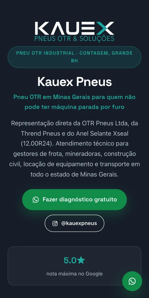Página da Kauex Pneus aberta no celular, com o botão de diagnóstico gratuito pelo WhatsApp